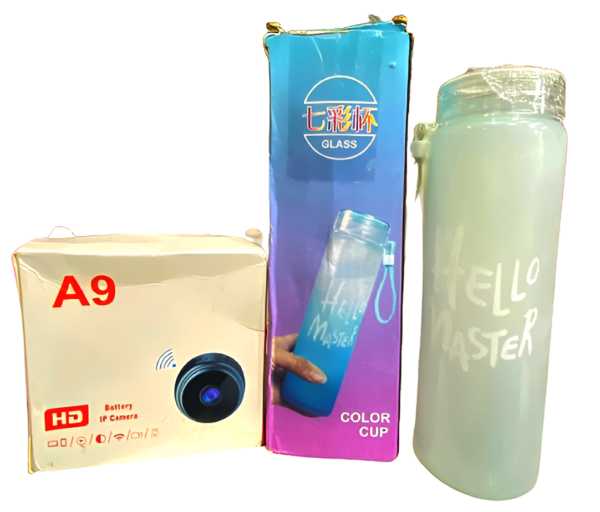 Deal Pack of 2: A9 Mini Camera & Frosted Glass Water Bottle